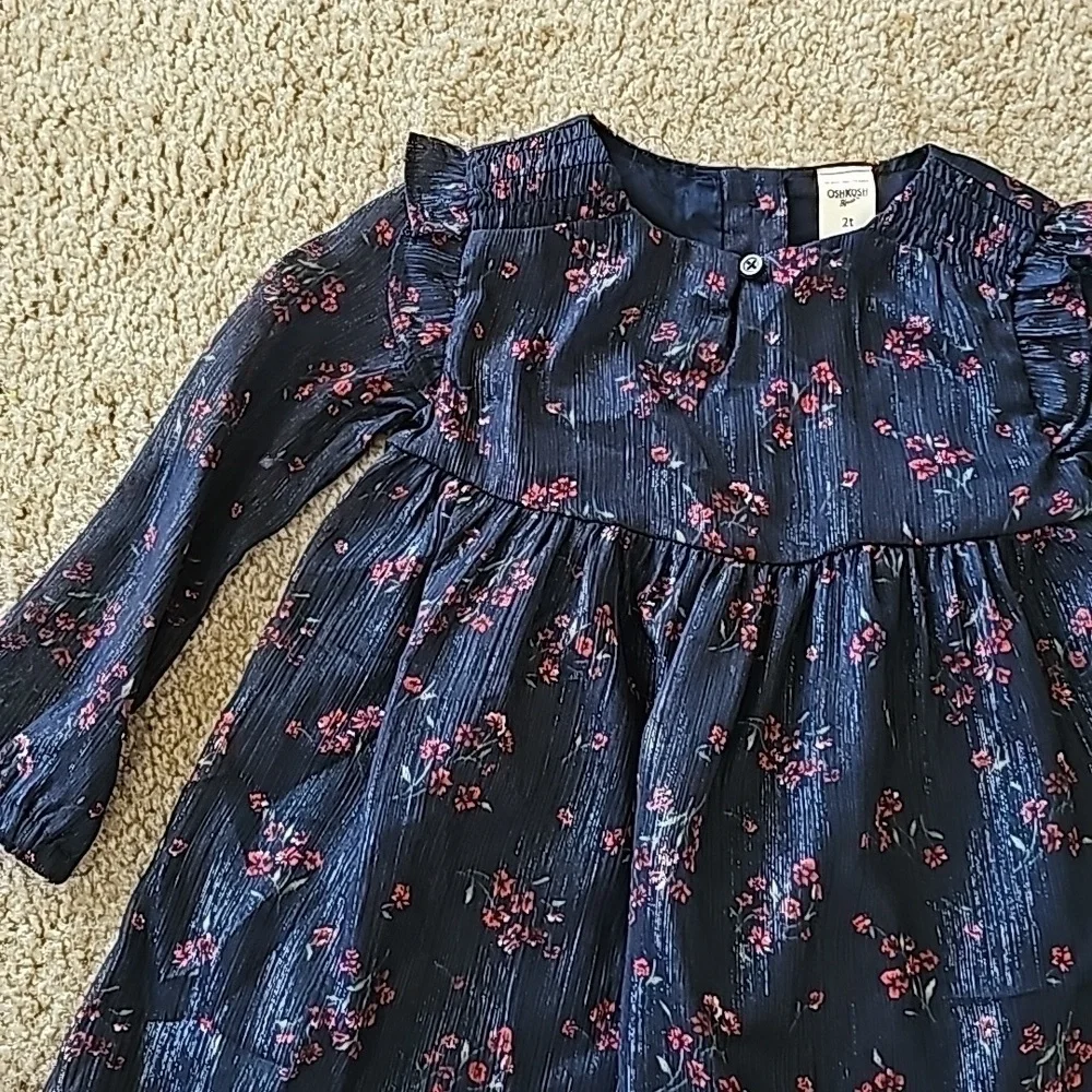 OshKosh B'gosh Toddler Girls Dress Navy Blue Floral Long Sleeve Size 2T